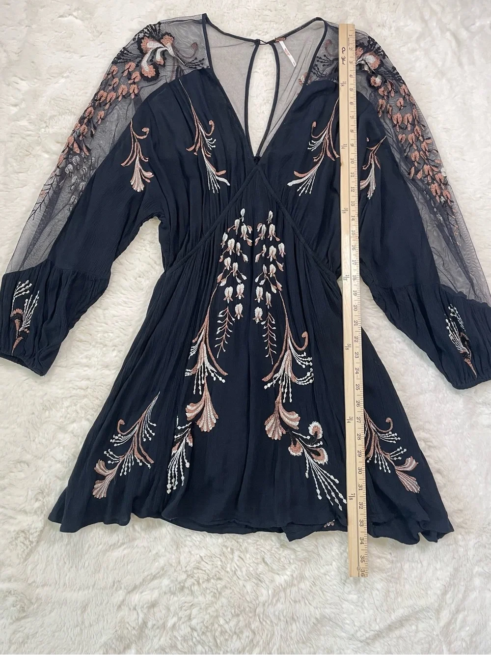 Free People Black Embroidered V-Neck Long-Sleeve Dress